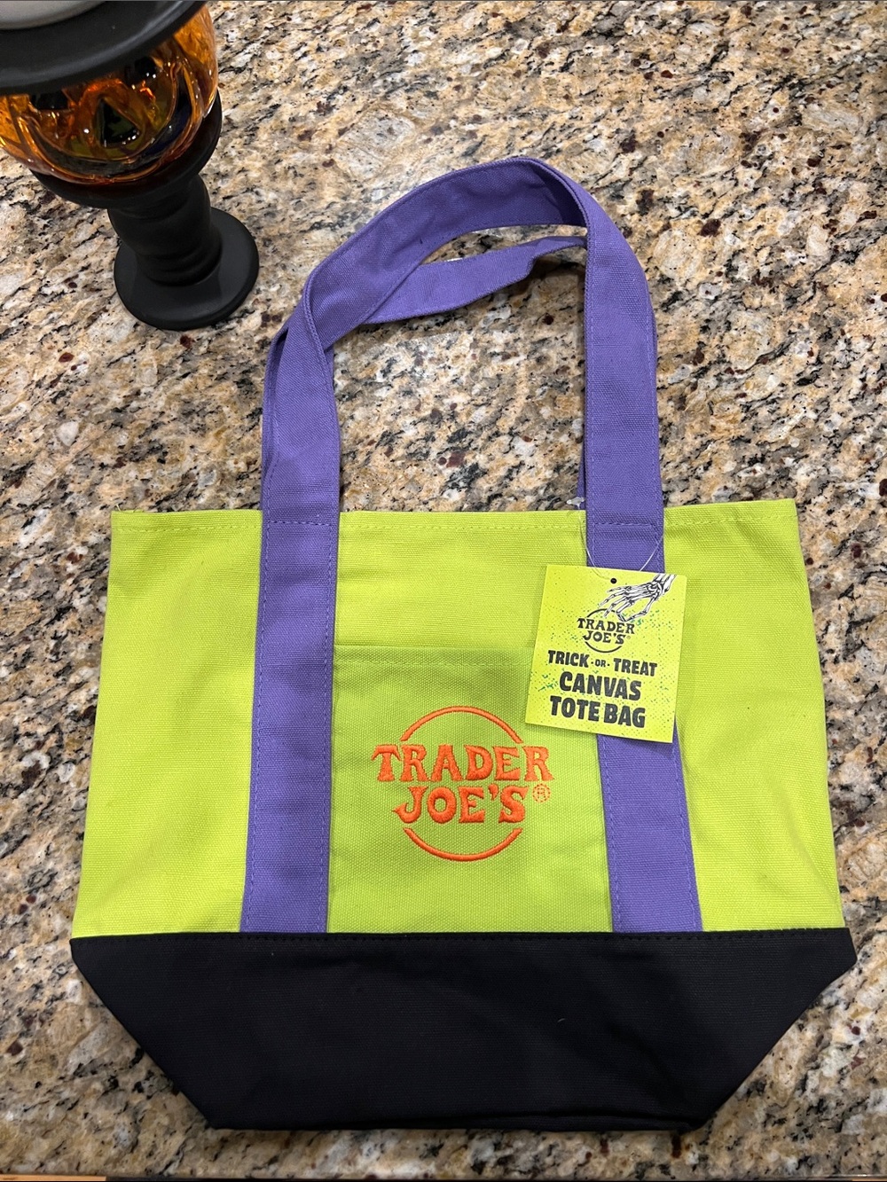 Trader Joe's Lime Green Canvas Tote with Purple Straps